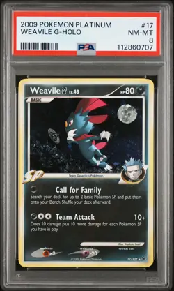 2009 POKEMON PLATINUM #17 WEAVILE G-HOLO PSA 8 - Image 1