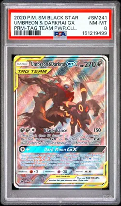 2020 POKEMON SM BLACK STAR PROMO #SM241 UMBREON & DARKRAI GX PRM-TAG TEAM PSA 8 - Image 1