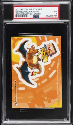 2021 POKEMON CENTER ONLINE STICKER GET CHANCE!! CHARIZARD/PIKACHU PSA 1 - Image 1