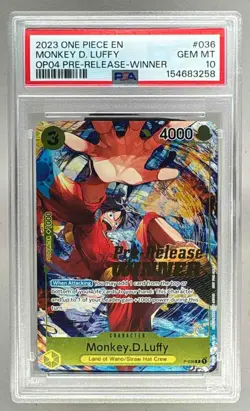 Monkey D. Luffy 2023 One Piece OP04 Pre-Release Winner Promo P-036 PSA 10 - Image 1