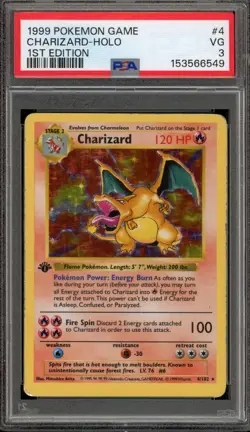Pokemon Charizard Base Set Shadowless 1st Edition Holo Rare #4 PSA 3 - Image 1