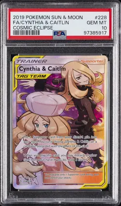 2019 POKEMON SUN & MOON COSMIC ECLIPSE #228 FULL ART/CYNTHIA & CAITLIN PSA 10 - Image 1