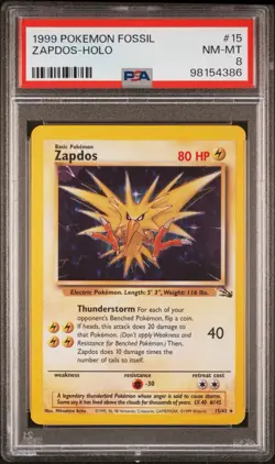 Pokemon TCG Zapdos Fossil Holo Card 15/62 Rare Vintage base 1999 WOTC PSA 8 - Image 1