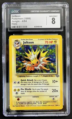 Jolteon CGC 8 Pokemon Card. Jungle Set 4/64 Rare Holo NM Condition 1999 WOTC - Image 1