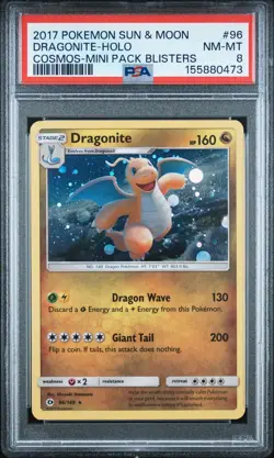 2017 POKEMON SUN & MOON COSMOS-MINI PACK BLISTERS #96 DRAGONITE-HOLO PSA 8 - Image 1