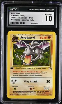 🔥 CGC 10 Aerodactyl 1999 Pokemon Fossil 1st Edition Prerelease 1/62 Cosmos Holo - Image 1