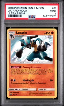 2018 POKEMON SUN & MOON ULTRA PRISM #67 LUCARIO-HOLO PSA 9 - Image 1
