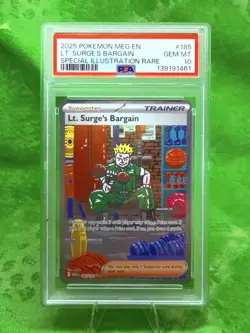 2025 Pokemon Mega Evolution #185/132 Lt. Surge's Bargain PSA 10 - Image 1