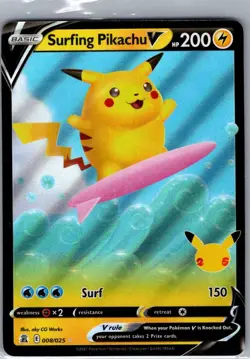 Surfing Pikachu V 008/025 Celebrations - Pokemon Card - NM - Image 1