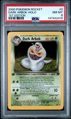 2000 Pokemon Dark Arbok Holo 1st Edition Team Rocket 2/82 NM-MT PSA 8 - Image 1