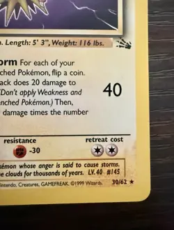Zapdos 30/62 Fossil Basic HP90 Pokemon TCG Card English - Image 5