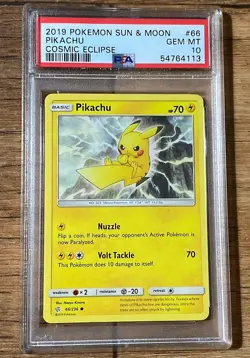Pokemon TCG Pikachu 66 PSA 10 Gem Mint 2019 Cosmic Eclipse Graded Card Pop 111 - Image 1