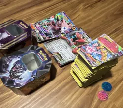 Pokemon Card Lot with Tins, Coins, Lycanroc GX, Scizor EX, Pikachu, Solgaleo - Image 1