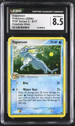 CGC 8.5 NM/MINT+ Vaporeon 6/17 Pop Series 3 Cosmos Holo Pokemon Card - Image 1