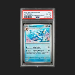 2025 POKEMON PRE EN-PRISMATIC EVOLUTIONS MASTER BALL REVERSE HOLO VAPOREON PSA 8 - Image 1
