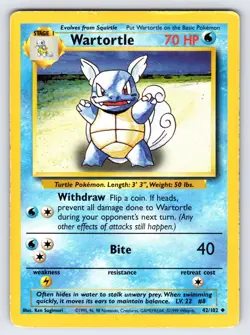 Wartortle 42/102 1999 Base Set Unlimited Pokemon Card Vintage Uncommon - Mp/Hp - Image 1