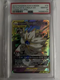 Solgaleo & Lunala GX PSA 10 English Pokemon Card 75 Cosmic Eclipse 2019 - Image 1