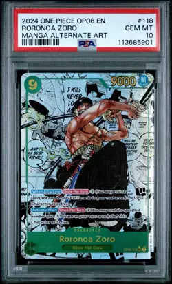One Piece Zoro Manga Rare OP06-118 PSA 10 English Roronoa Zoro Alt Art SEC - Image 1