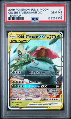 POKEMON SM TEAM UP CELEBI & VENUSAUR GX #1 PSA 10 GEM MINT #129259939 - Image 1