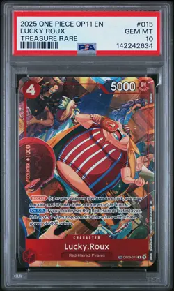 2025 ONE PIECE OP11-A FIST OF DIVINE SPEED TREASURE RARE #015 LUCKY ROUX PSA 10 - Image 1