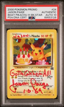 AUTO PSA 10 Jason Paige signed Birthday Pikachu 2000 Pokemon holo Blk Star Promo - Image 1