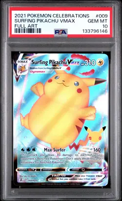 2021 POKEMON CELEBRATIONS #009 FULL ART/SURFING PIKACHU VMAX PSA 10 - Image 1