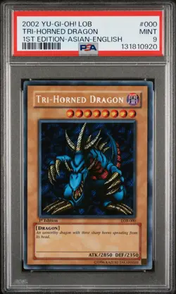2002 YU-GI-OH! LOB-LEGEND OF BLUE EYES WHITE DRAGON #000 TRI-HORNED DRAGON PSA 9 - Image 1