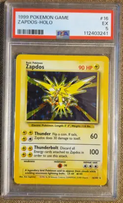 PSA 5 1999 POKEMON BASE SET UNLIMITED #16/102 ZAPDOS-HOLO - Image 1