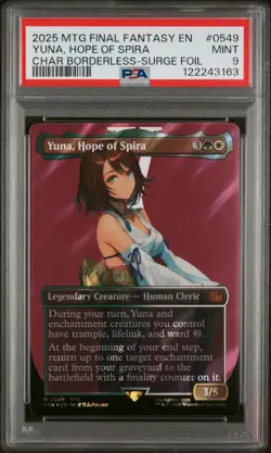 2025 MTG FINAL FANTASY CHARACTER BORDERLESS-SURGE FOIL YUNA, HOPE OF SPIRA PSA 9 - Image 1