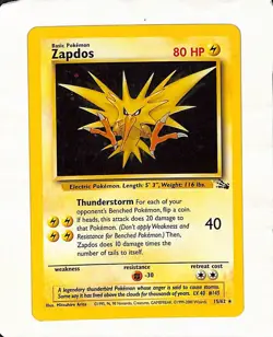 Zapdos - 15/62 - Pokemon Fossil Unlimited Holo Rare Card WOTC LP-MP - Image 1