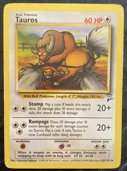 Pokemon TCG Tauros Base Set 2 Unlimited Uncommon Card 62/130 - Image 1