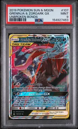 2019 POKEMON SUN & MOON UNBROKEN BONDS #107 GRENINJA & ZOROARK GX PSA 9 MINT - Image 1