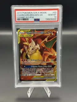 PSA 10 Charizard & Braixen GX 22/236 Cosmic Eclipse Tag Team Pokemon Card - Image 1