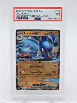 LUCARIO EX 2025 POKEMON STAMP DOUBLE RARE TYRANITAR EX 051/131 PSA 7 Q7119 - Image 1