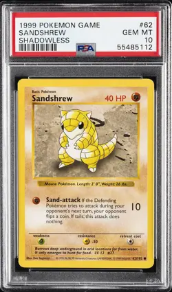 1999 POKEMON BASE SET SHADOWLESS #62 SANDSHREW PSA 10 - Image 1