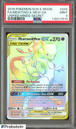 2019 Pokemon Sun & Moon Unified Minds Secret #242 FA Mewtwo & Mew GX PSA 9 - Image 1