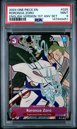 2024 ONE PIECE ENGLISH VERSION 1ST ANNIVERSARY SET #025 RORONOA ZORO PSA 9 - Image 1