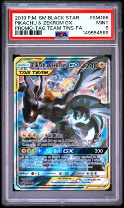 2019 POKEMON SM TAG TEAM TINS #SM168 FULL ART/PIKACHU & ZEKROM GX PSA 9 - Image 1