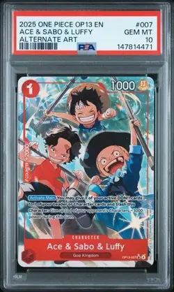 ONE PIECE ACE & SABO & LUFFY 2025 OP13-CARRYING ON HIS WILL #007 ALT ART PSA 10 - Image 1