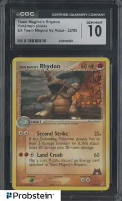 2004 Pokemon Ex Team Magma VS Aqua #22 Team Magma's Rhydon CGC 10 GEM MINT - Image 1