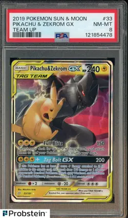 2019 Pokemon Sun & Moon Team Up #33 Pikachu & Zekrom GX PSA 8 NM-MT - Image 1