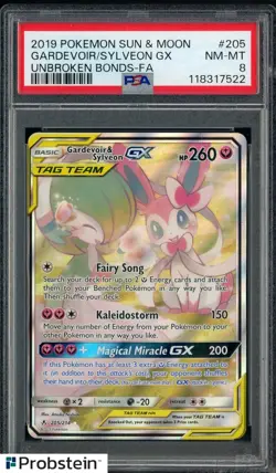 2019 Pokemon Sun & Moon Unbroken Bonds #205 FA Gardevoir & Sylveon GX PSA 8 - Image 1