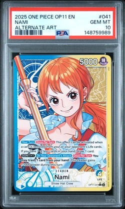 ONE PIECE NAMI 2025 OP11-A FIST OF DIVINE SPEED #041 ALT ART PSA 10 - Image 1