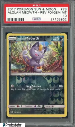 2017 Pokemon Sun & Moon #78 Alolan Meowth Reverse Foil PSA 10 GEM MINT - Image 1