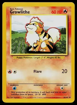Pokemon Card Base Set Unlimited Growlithe 28/102 Uncommon - Image 1