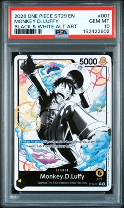 ONE PIECE MONKEY D. LUFFY 2026 STARTER DECK ST29 #001 BLACK/WHITE ALT ART PSA 10 - Image 1