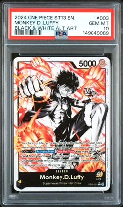 ONE PIECE MONKEY D. LUFFY 2024 ULTRA DECK ST13 #003 BLACK & WHITE ALT ART PSA 10 - Image 1