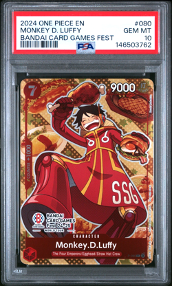 2024 ONE PIECE MONKEY D. LUFFY BANDAI CARD GAMES FEST PROMOS #080 PSA 10 - Image 1
