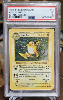 1999 Pokemon TCG Raichu Base Set Shadowless Holo Rare 14/102 PSA 5 - Image 1