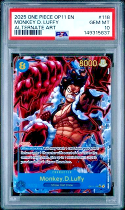 2025 ONE PIECE MONKEY D. LUFFY ALT ART OP11-A FIST OF DIVINE SPEED #118 PSA 10 - Image 1
